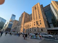 North entrance of Toronto's Union Station with people walking in front on a winter day