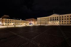 University of Helsinki main building illuminated at night