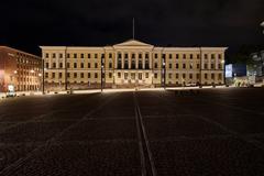 University of Helsinki main building illuminated at night