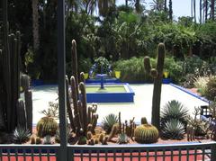 Beautiful pathway in Jardin de Majorelle with vibrant blue walls and lush greenery