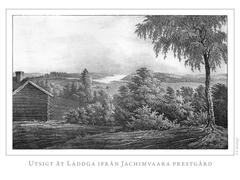 Scenic view of Lake Ladoga from Jachimvaara parsonage, 19th century lithograph