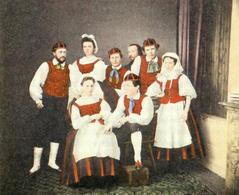 National costumes from western Finland displayed in a tableau by Konstnärsgillet in 1866 with Zacharias Topelius