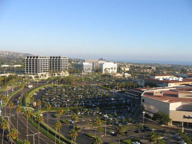 Aerial view of Fashion Island and Newport Beach from Four Seasons hotel