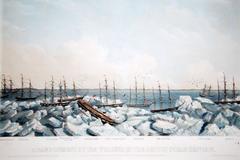 Hand-colored lithograph of abandonment of whalers in the Arctic Ocean, September 1871