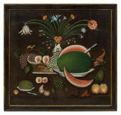 19th century painting Still Life with a Basket of Fruit Flowers and Cornucopia