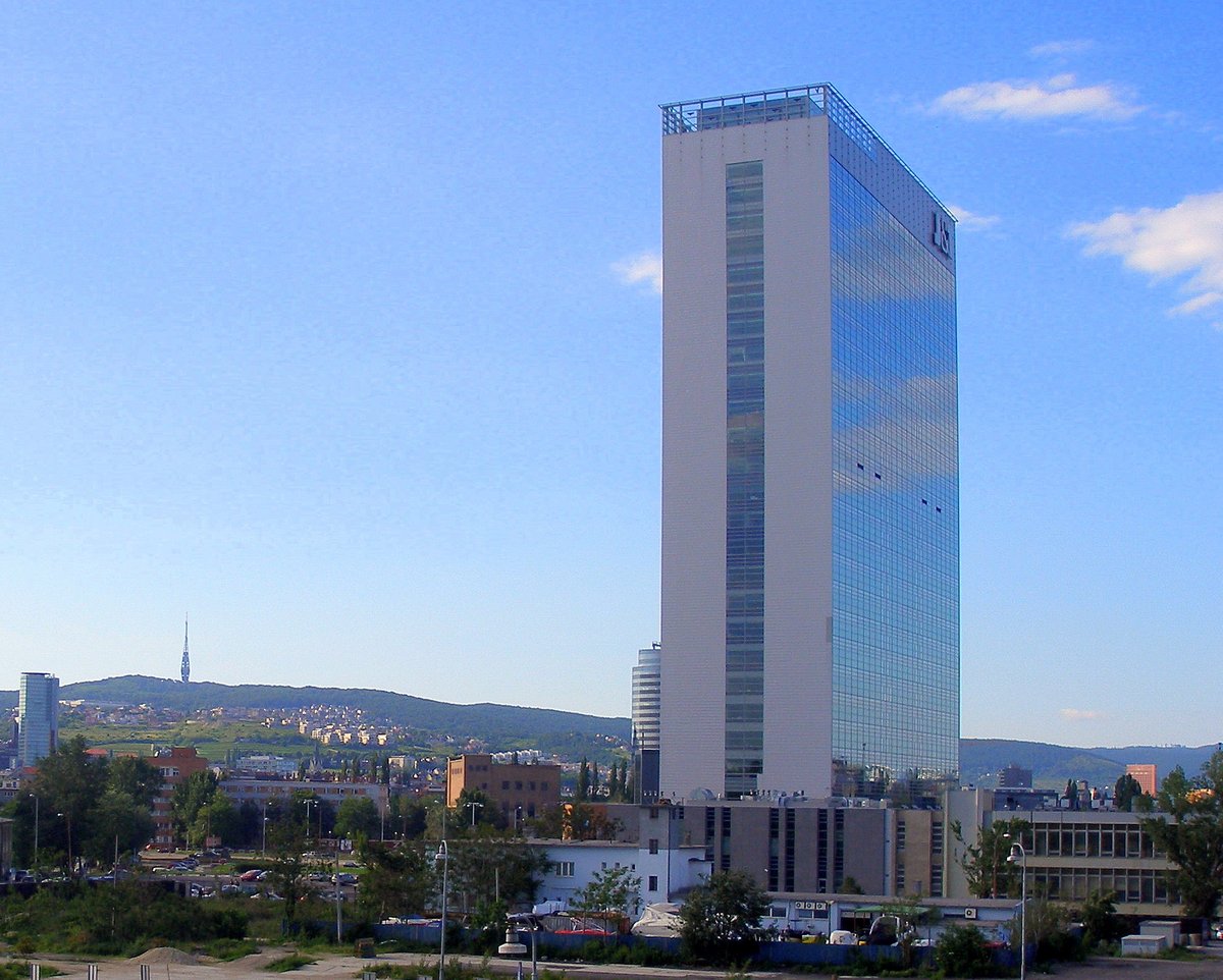 View of Tower 115 building in Bratislava city from Apollo Bridge