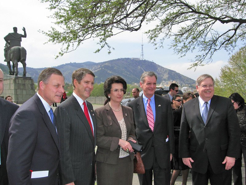 Senators Richard Burr, Bill Frist, Judd Gregg, Speaker Nino Burjanadze, and U.S. Ambassador John Tefft at Metekhi Church plateau in Tbilisi