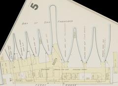 1887 Sanborn Fire Insurance Map detail showing Ferry House, Oakland Ferry Slip, and Southern Pacific in San Francisco