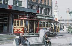 Historic San Francisco cable car at the end of California St. line near Ferry Building on Market St. in 1967