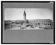 Evening hour at the Ferry Building with twilight sky and illuminated clock tower