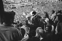 Ajax football players on balcony cheered by huge crowd in Amsterdam 1971