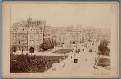 Leidseplein in Amsterdam around 1890 showing combined fire and police station, old American Hotel, and burned ruins of Stadsschouwburg