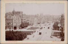 View of Leidseplein from Leidsebosje towards Leidsestraat with 1881 fire station and police post, 1882 American Hotel, ruins of Stadsschouwburg post 1890 fire