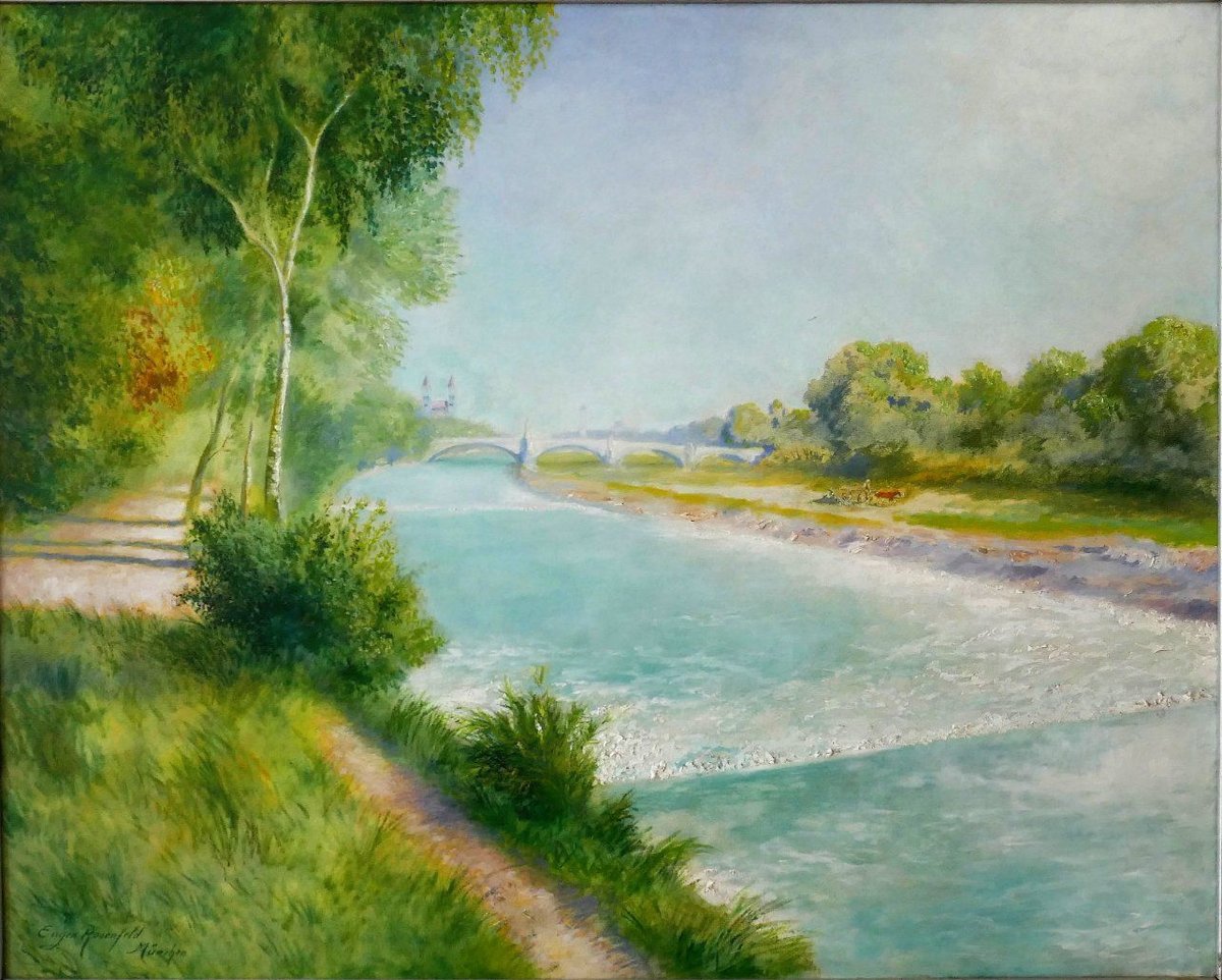 Oil painting of the Isar River in Munich by Eugen Rosenfeld