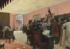 Painting depicting a session of the painting jury with several figures observing and discussing artwork
