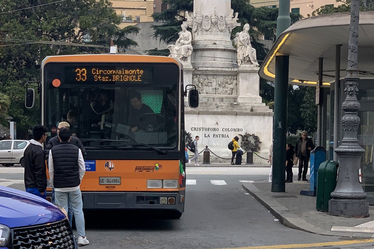 Bredabus 2001 public bus from 1990 in Genova with original Line 33 signage