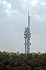 Prague TV tower in Žižkov viewed from the top of Lighthouse Vltava Waterfront Towers