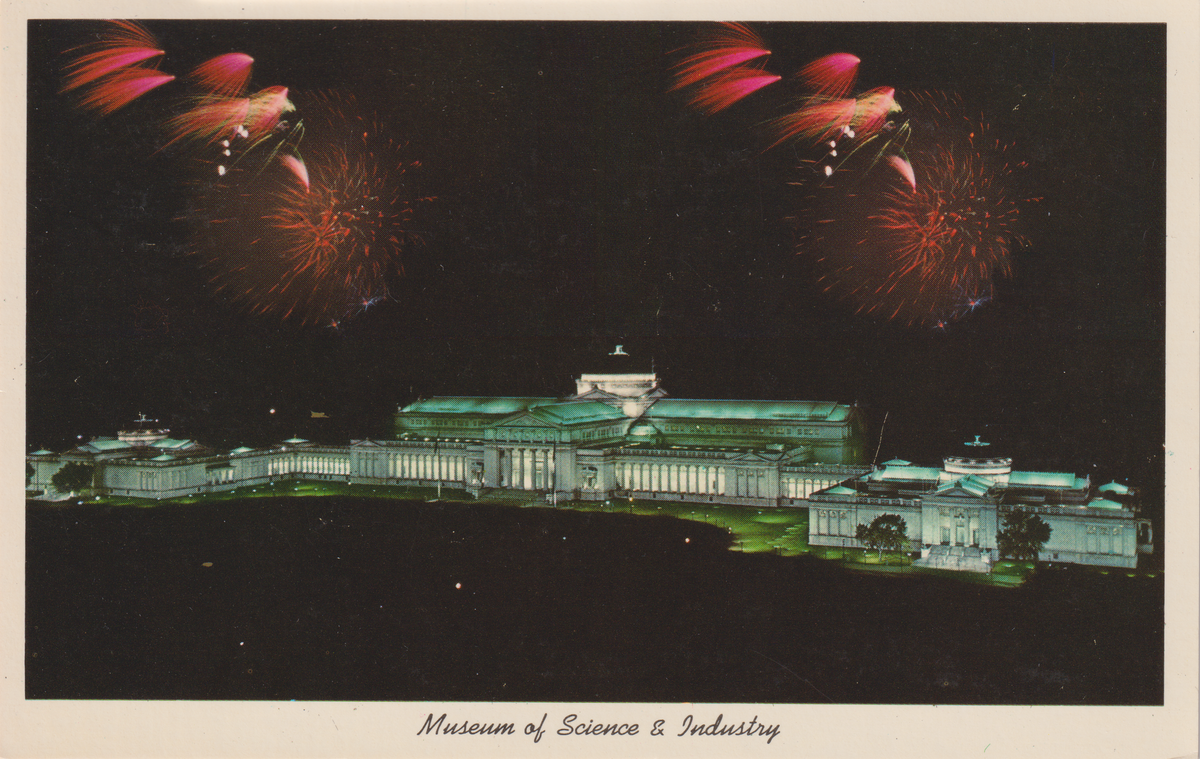 Museum of Science and Industry Chicago aerial view with fireworks