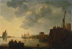 Peaceful river landscape with boats and trees by Aelbert Cuyp