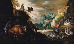 Diverse animals and birds gathered near a forest pond