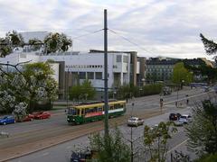 Tram line 8 on Helsinginkatu street in Helsinki with the Opera House in the background