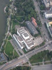 Finnish National Opera building viewed from a hot air balloon with surrounding cityscape and river