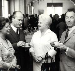 Finnish musicians Eini Liukko-Vaara, Matti Lehtinen, Anita Välkki, and pianist Cyril Szalkiewicz at Finnish National Opera season opening 1965
