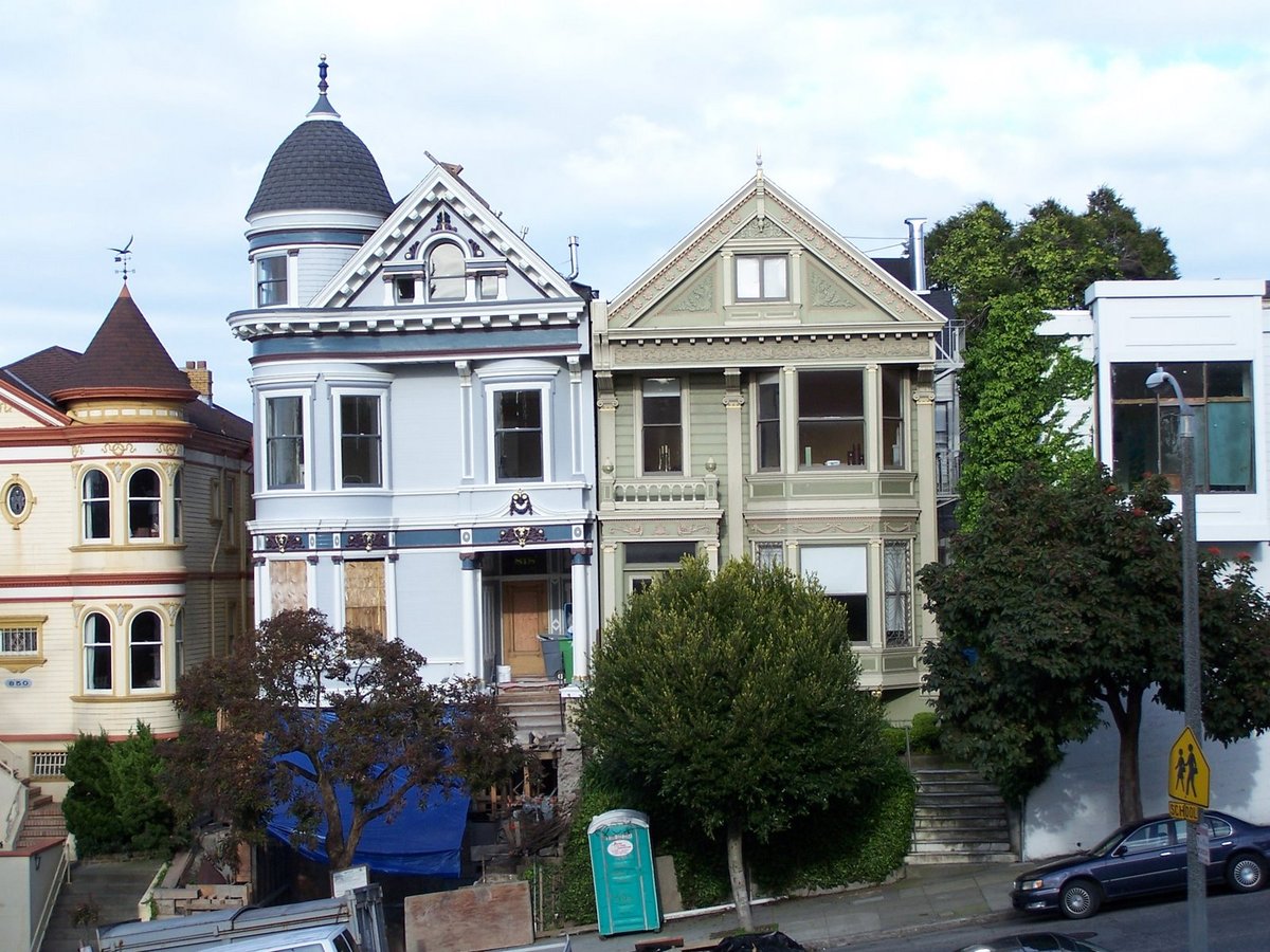 Victorian Painted Ladies houses in San Francisco with city skyline in the background