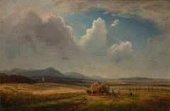 Traditional Czech wheat harvest in a golden field with workers and a horse-drawn cart
