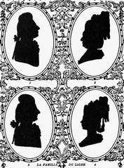 Silhouettes of the de Ligne family by François Gonord showing Prince Charles-Joseph, Princess Franziska, Prince Charles, and Princess Helena