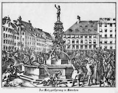 Historical lithograph of Munich's Metzgersprung around 1860
