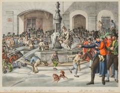 Historical lithograph of Munich Metzgersprung around 1830 showing old architecture and street scene