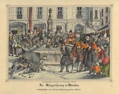 Historical lithograph of Munich showing the Metzgersprung area around 1850