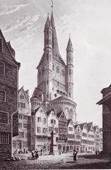 Historic Fischmarkt in Cologne with Groß St. Martin church in 1826