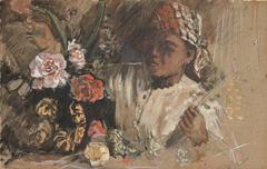 Portrait of a black woman with peonies by Frédéric Bazille