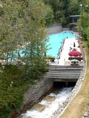 Bathers relaxing in the hot-water pool at Radium Hot Springs, British Columbia, Canada