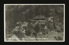 Bird's eye view of Radium Hot Springs bungalow camp in British Columbia along Canadian Pacific Railway