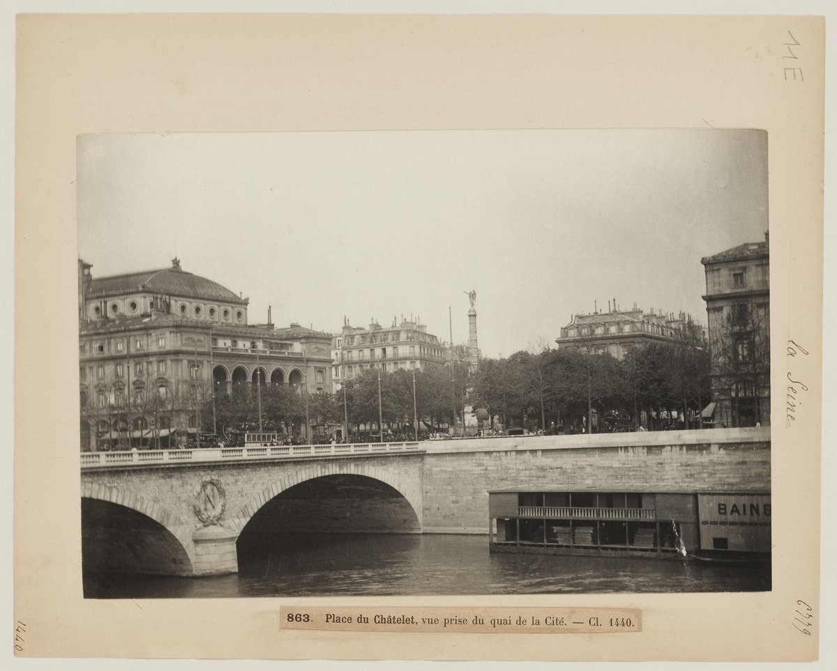 Historic photograph of Place du Châtelet viewed from Quai de la Cité in Paris, circa 1890