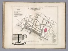 Engraved hand colored map of 7th arrondissement Quartier des Arcis Paris with Church of Saint-Philippe du Roule