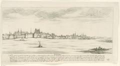 Historic etching of a city view of Nantes on the river, France