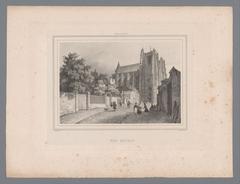 View of Nantes Cathedral from Rue Royale with detailed church exterior and street scene in 1830s lithograph
