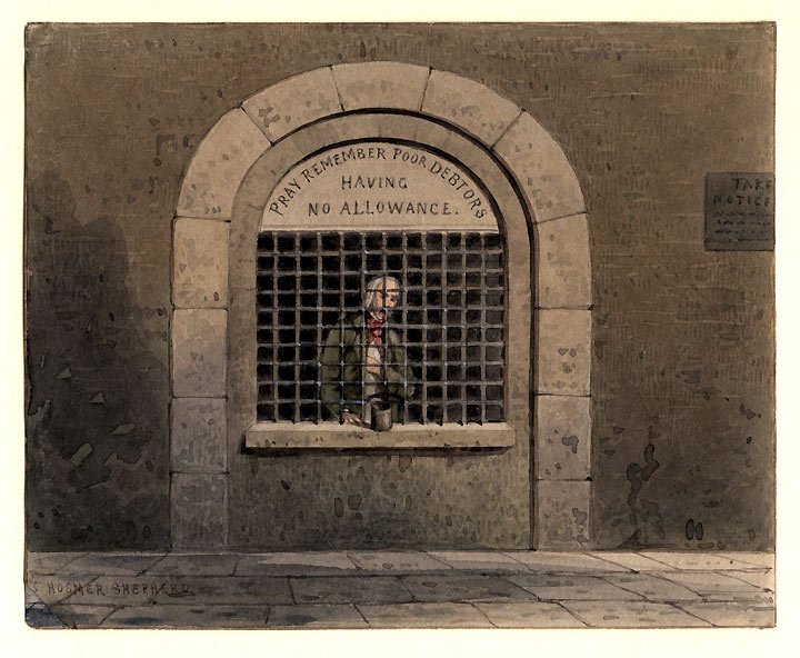 Illustration of a debtor in Fleet Street Prison holding a piece of paper and wearing 18th century clothes