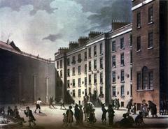 Historical illustration of Fleet Prison in London showing detailed architectural layout