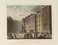 Hand-coloured etching and aquatint of the raquet ground of the Fleet Prison