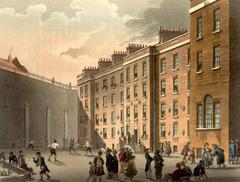 Hand-coloured etching of the racquet ground at Fleet Prison in 1808