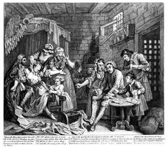 Engraving of a prison scene showing a distressed man in chains surrounded by other prisoners and a guard