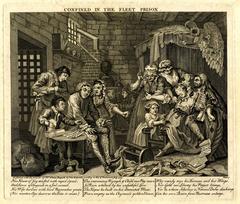 Engraved depiction of a room in the Fleet Prison showing a family in distress, including a man sitting at a table with a rejection letter, a fainted woman being revived, a gaoler demanding money, and an alchemist working in the background