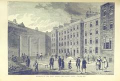 Vintage street scene in old London with horse-drawn carriages and pedestrians