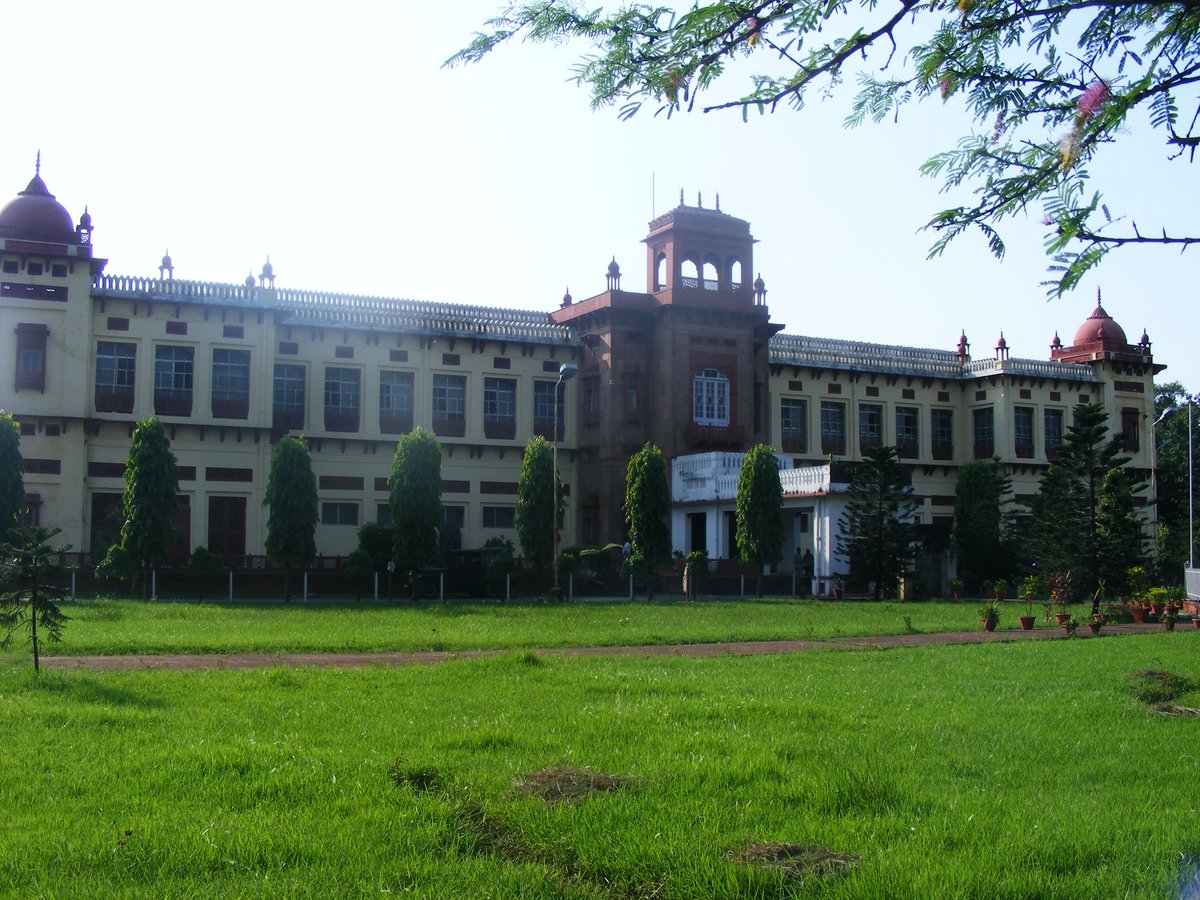 Entrance view of Patna Museum with circular window and red signboard
