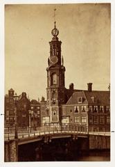 View of Rokin street with Doelensluis and Munttoren tower in Amsterdam facing south, houses on Singel canal on the left, Sophiaplein (now Muntplein) on the right